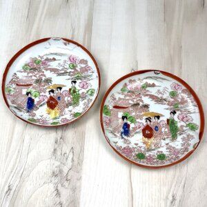 Antique Pair 2 Handpainted Japanese Eggshell 5.5" Porcelain Plates GEISHA GIRL